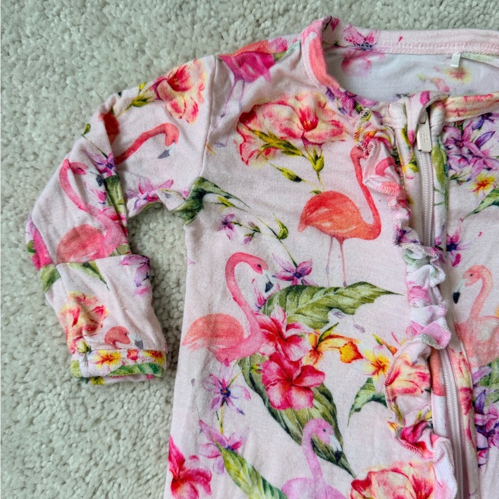 Posh Peanut Pink Flamingo “Leilani” Footie Ruffled Zippered One Piece - Picture 4 of 12